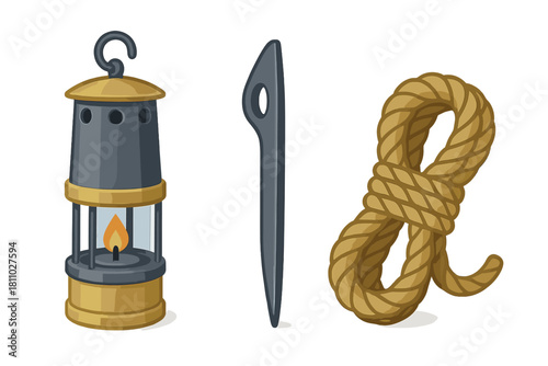 Classic miner's lantern, large sewing needle, and knotted brown rope objects isolated on white background