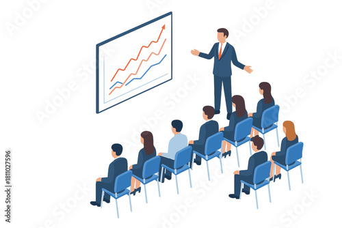Business meeting presentation with upward trending line graph isometric view