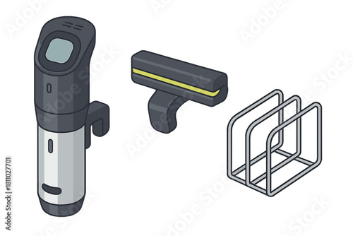 Sous vide immersion circulator, vacuum sealer, and cooking rack set in isometric view