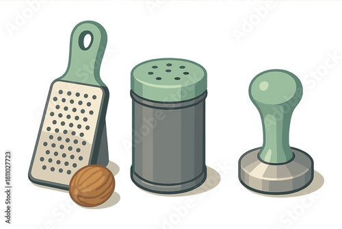 Nutmeg grater, spice shaker, and coffee tamper set of kitchen equipment
