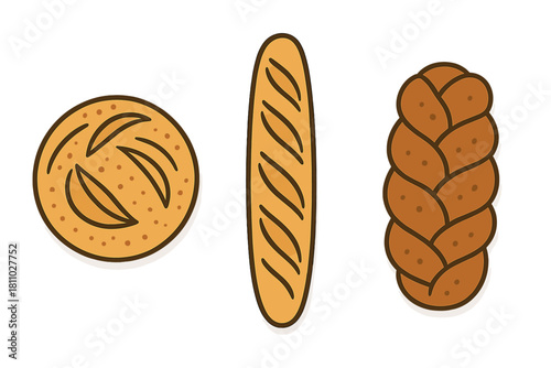 Assortment of fresh baked goods featuring a round loaf, French baguette, and braided challah bread