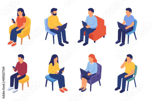 Isometric group of diverse people using laptops and mobile devices