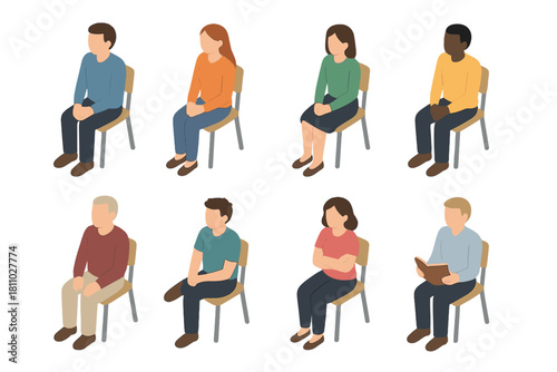 Isometric diverse group of people sitting on chairs waiting patiently