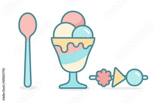 Delicious pastel ice cream sundae in a tall glass with a spoon and decorative pick
