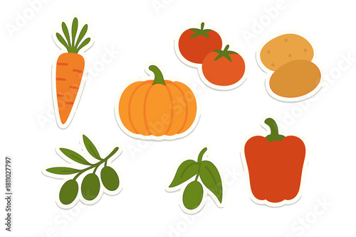 Assortment of fresh harvest vegetables and olives as stylized stickers