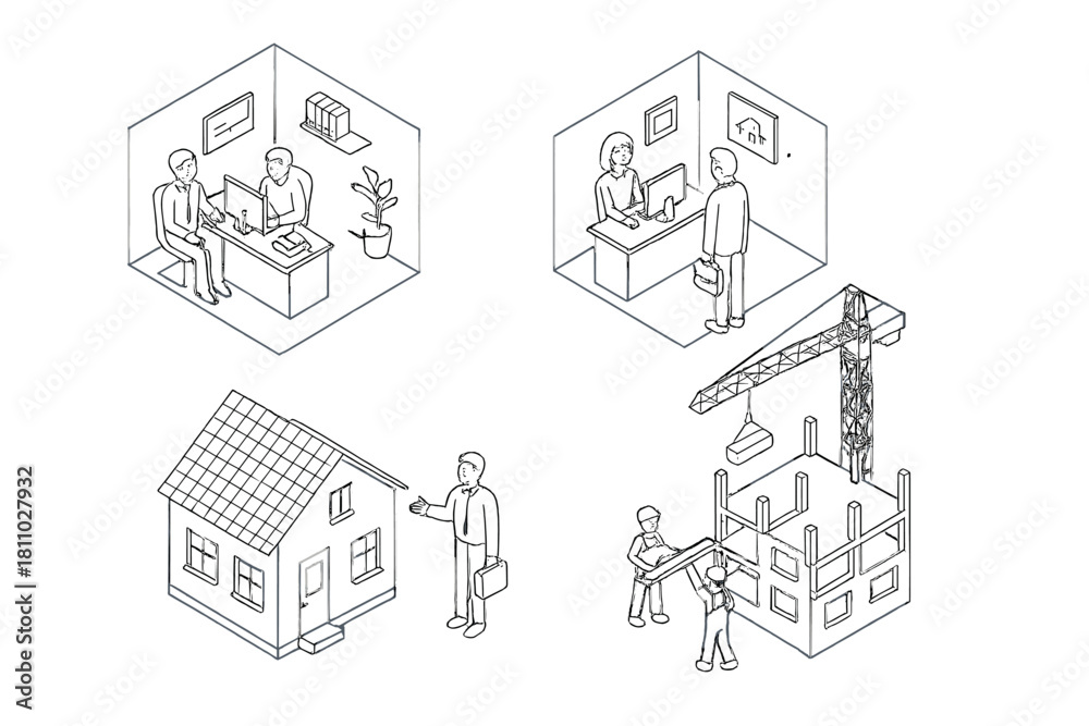 Obraz premium Isometric line art set depicting real estate and construction process stages