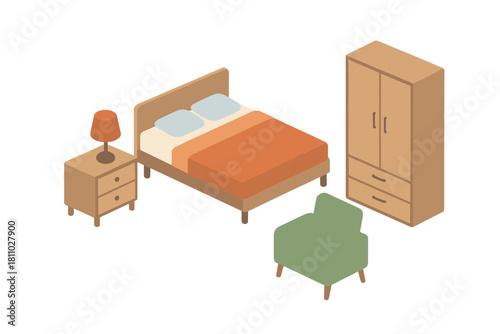 Isometric set of essential bedroom furniture including bed nightstand wardrobe and armchair