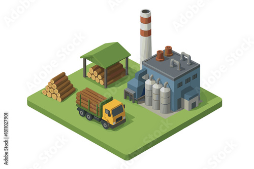 Isometric view of lumber mill processing plant with log transport truck