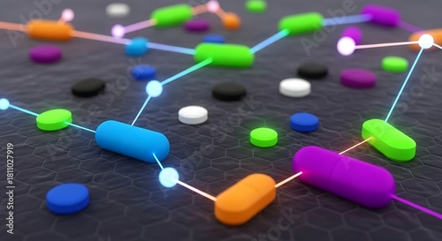 Fototapeta Naklejka Na Ścianę i Meble -  Colorful Molecular Network Illustration on Dark Background.