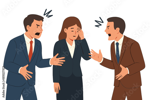Stressed businesswoman caught between arguing colleagues in conflict