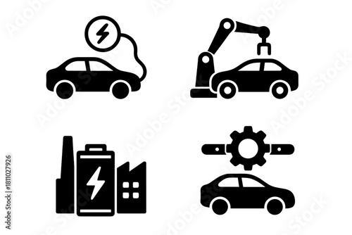 Electric vehicle production and charging technology icons set