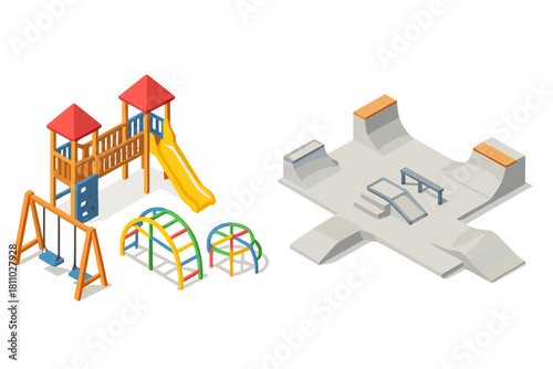Isometric playground and skate park equipment isolated on white background