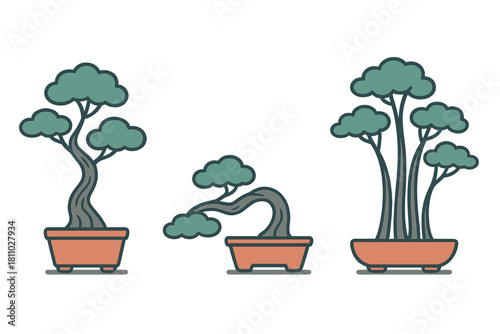 Three traditional Japanese bonsai trees in ceramic pots displaying different styles