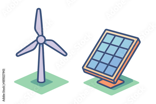 Wind turbine and solar panel representing sustainable clean energy sources