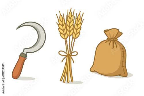 Set of agricultural harvest tools and grain products including sickle, wheat sheaf, and full sack