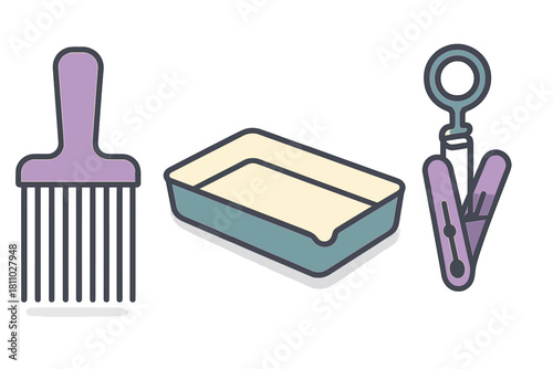 Essential tools for cleaning and maintaining a cat litter box: scoop, tray, and clip