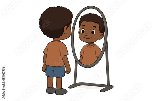 Young boy observing his smiling reflection in a standing oval mirror