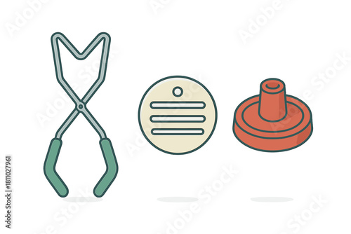 Set of kitchen tongs, circular label tag, and plastic stopper icons in flat design