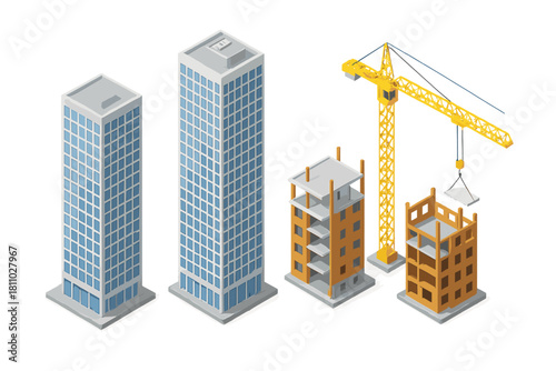Isometric city construction progress showing buildings and tower crane