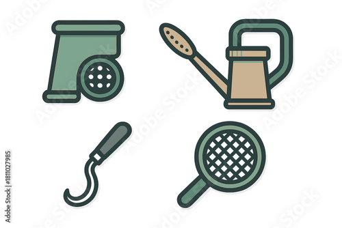 Set of simple outline icons for gardening and agricultural equipment and supplies