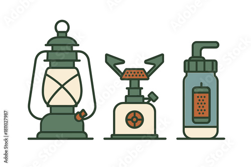Essential camping and hiking equipment set featuring a lantern, portable stove, and water filter bottle