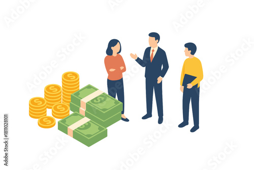 Business professionals discussing financial investment and wealth management near stacks of cash and gold coins