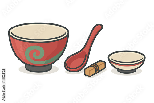 Traditional Japanese ramen bowl set with large serving dish, ceramic spoon, and bundled chopsticks