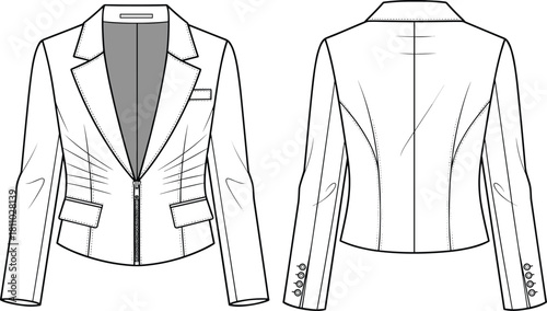 Women’s blazer technical flat sketch with notched lapel, zipper closure, flap pockets, princess seams, CAD drawing, fashion vector illustration