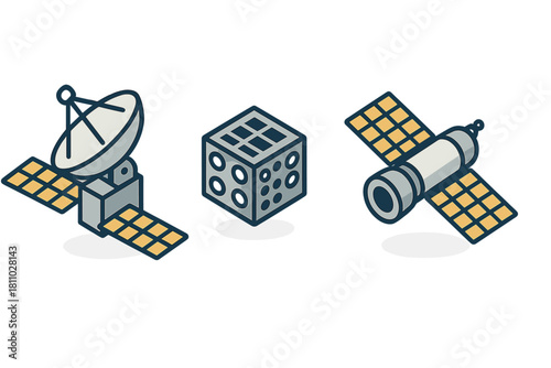 Isometric set of space communication satellites, orbital probes, and technology equipment icons