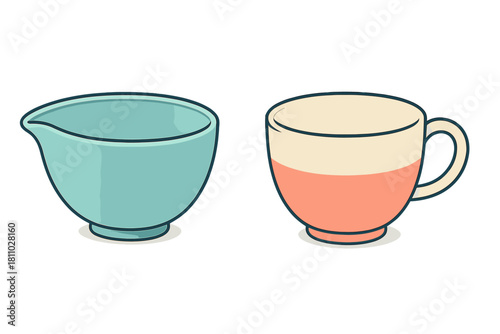 Stylized kitchen set with turquoise mixing bowl and colorful teacup on white background
