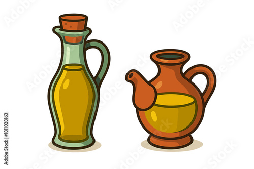 Traditional glass cruet and ceramic jug filled with cooking oil