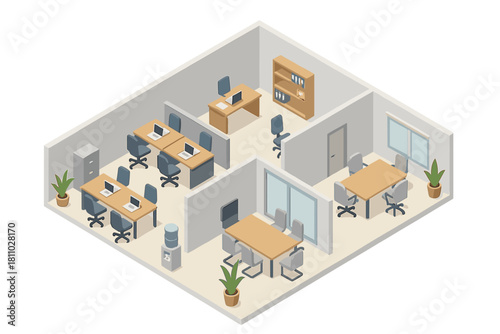 Modern business interior layout with desks, chairs, water cooler, and meeting table