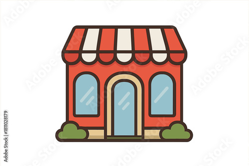 Small business storefront building with striped awning and large arched window on white background