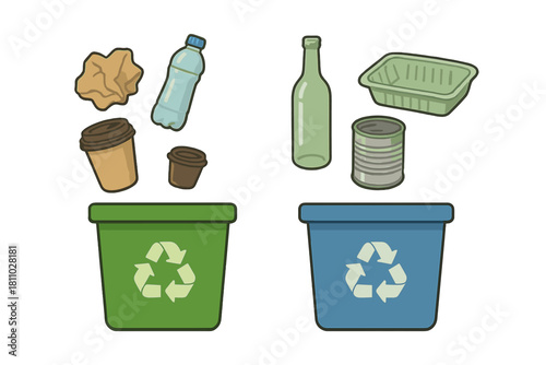 Sorting paper, plastic, glass, and metal waste into color-coded recycling bins