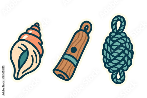 Vintage maritime symbols set including conch shell, wooden whistle, and decorative rope knot