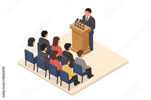 Professional speaker at podium addressing seated audience during business conference