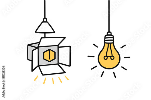 Contrast between a glowing incandescent light bulb and a hanging film studio spotlight