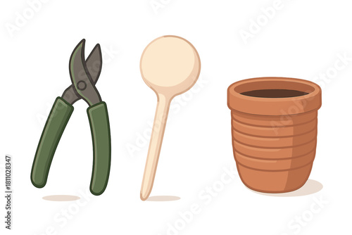 Basic gardening equipment set featuring pruning shears, wooden scoop, and clay flowerpot