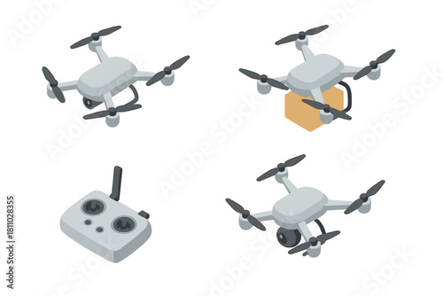 Isometric set of modern quadcopter drones used for aerial photography and package delivery with remote control