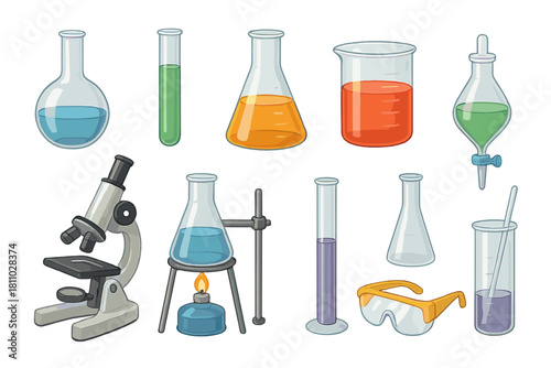 Chemistry laboratory glassware and equipment set including microscope and safety goggles
