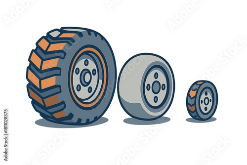 Three heavy duty vehicle tires and wheels of different sizes isolated on white