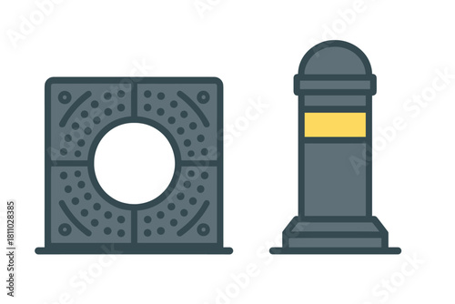 Square utility access cover and gray protective traffic bollard with yellow stripe