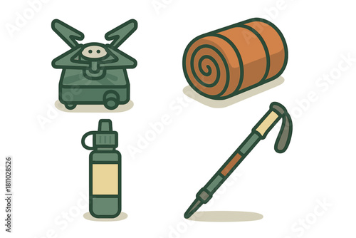 Essential outdoor camping gear set featuring stove, sleeping mat, water bottle, and trekking pole