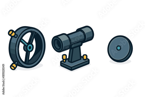 Stylized isometric mechanical components set including wheel, telescope, and disc