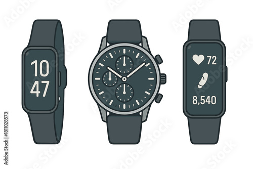 Modern wristwatches set including analog chronograph and two digital fitness trackers