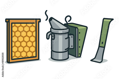 Essential professional beekeeping equipment set featuring smoker, hive frame, and scraper tool