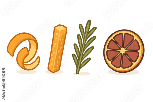 Classic cocktail garnishes assortment with orange zest, cinnamon, rosemary, and dried citrus