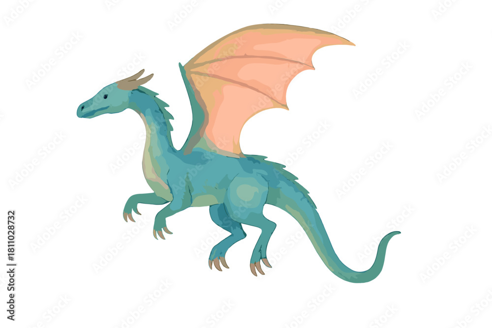 Obraz premium Mythical blue dragon with large orange wings in watercolor style fantasy
