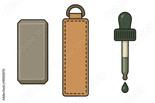 Essential oil dropper with a falling liquid drop alongside a rectangular container and a leather pouch