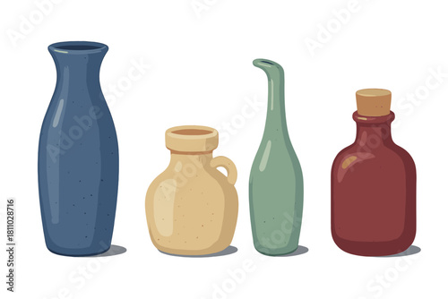 Colorful decorative collection of vases, jugs, and bottles with rustic speckled texture